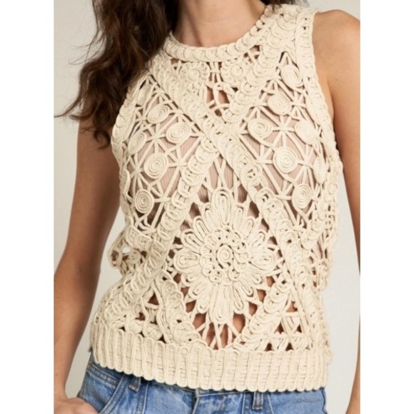 En Crème Tops - Boho Hippie Crochet Macrame Floral Open Knit Tank Top Cream Sleeveless OS